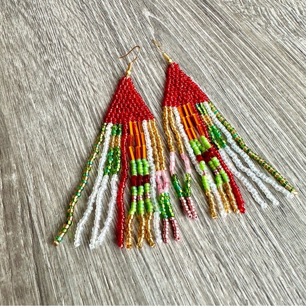 Beaded, Boho, ‘Autumn Leaves’ Fringe Earrings, Multicolor, 4” Long